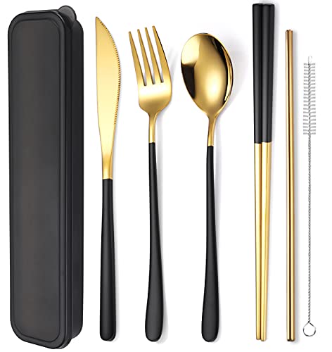 6 Pieces 18 8 Stainless Steel Flatware Set Portable Reusable Cutlery Set Travel Utensils Set Including Chopsticks Knife Fork Spoon Straws Cleaning Brush Dishwasher Safe (Black golden)