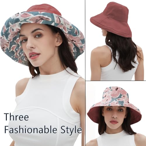 Womens Sun Hats Wide Brim Reversible Bucket Cotton Hat Packable Summer Travel Cap with Hat Clip (Medium / Red)