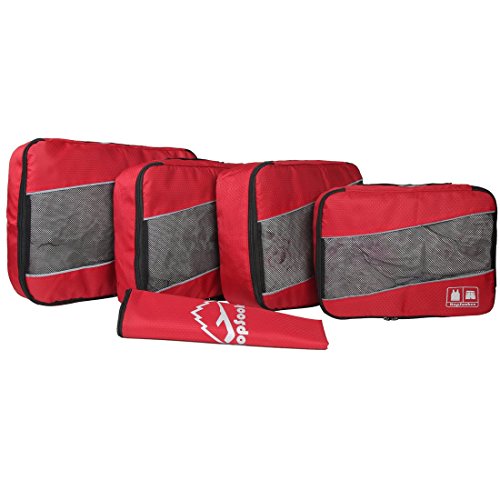 5 Set Packing Cubes for Travel Large Suitcase Luggage Organizer Bags Travel Accessories Vacation 4 Cubes 1 Laundry Pouch Bag (Red)