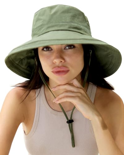 Sun Hats for Women Gardening Hat Wide Brim Ponytail Beach Sun Protection Breathable Cotton Summer Hat with Fold (Medium-Large / Green)