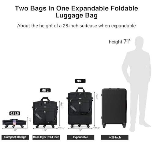 Expandable Luggage Bags for Travel Collapsible Suitcase with Wheels (Black)