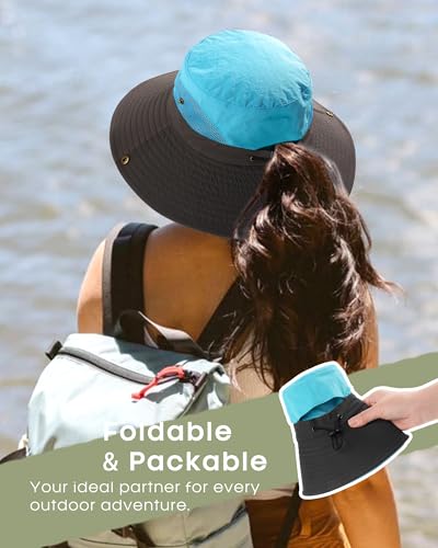 Womens Sun Hat with Ponytail Hole Beach Hiking Summer Wide Brim UPF 50+ Outdoor Protection Foldable Bucket Hat Blue (Blue)