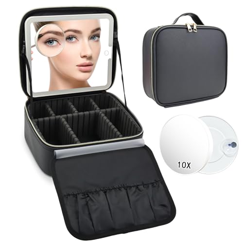 Travel Makeup Bag with LED Mirror and 10x magnifying glass with 3 Lighted Settings (Black / With LED Mirror and 10x Magnifying Glass)