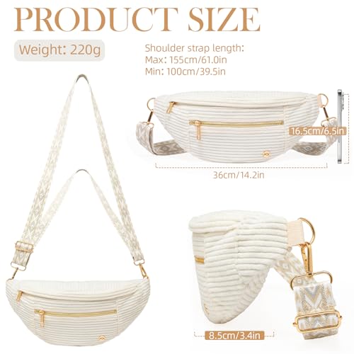 Beige Corduroy Crossbody Bag Women Vintage Boho Fanny Pack with Gold Zipper (Corduroy Beige / Large)