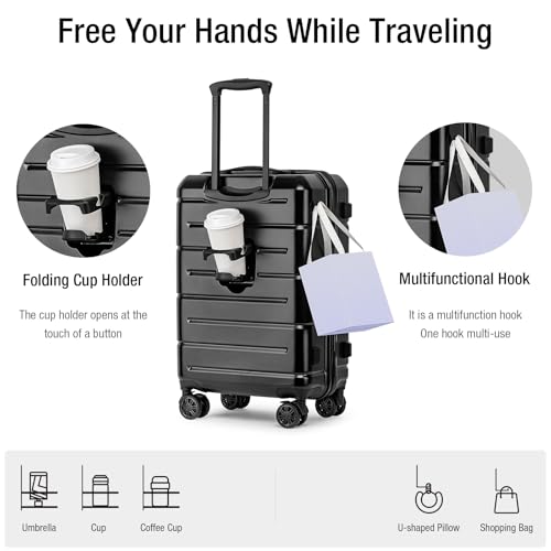 Carry On Luggage 22x14x9 Airline Approved Hardshell Carry On Suitcases with Wheels Travel Rolling 20 Inch Luggage with Cup Holder for Men Women (Black / Carry-On 22-Inch（non-expandable）)