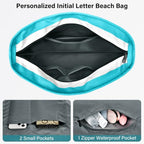 Beach Bag Initial Beach Tote with Makeup Bag for Travel Work Storage Personalized Birthday Gifts for Women Her (Cyan Blue 2 Pcs / J)