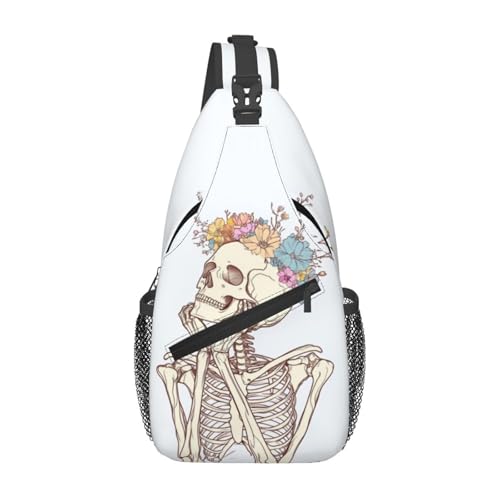Sling Bag Skeleton Flower Skull Hiking Daypack Crossbody Shoulder Backpack Travel Chest Pack for Men Women (B0154)