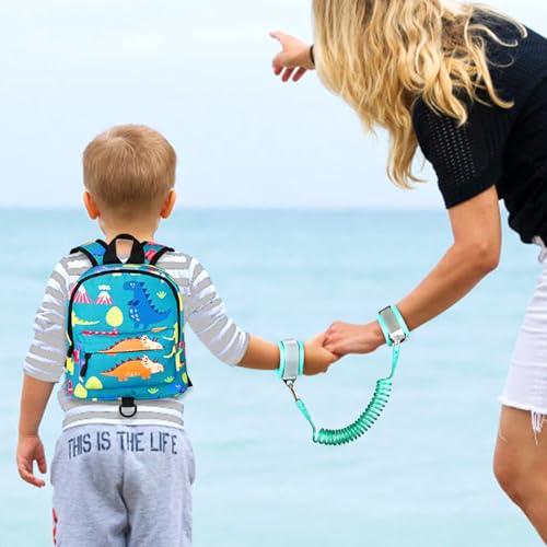 Toddler Backpack Leash with Anti Lost Wrist Link (Turquoise/Dino, Green Link)
