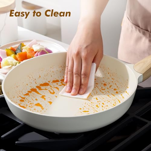 9.5inch Ceramic Nonstick Frying Pan Paella Pan with Lid (9.5 Inch / CREAM White)