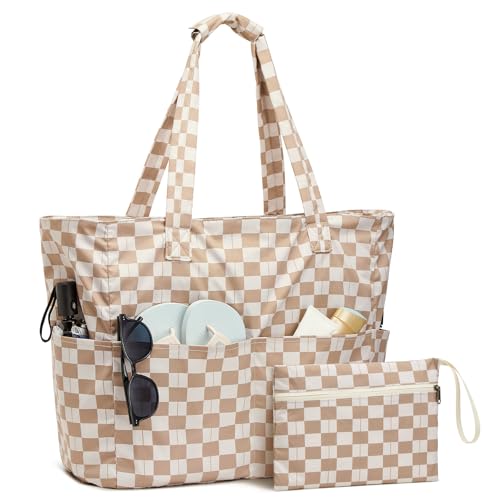 Beach Bag Waterproof Sandproof Large Capacity Foldable for Women (Brown Checkered / 35L)