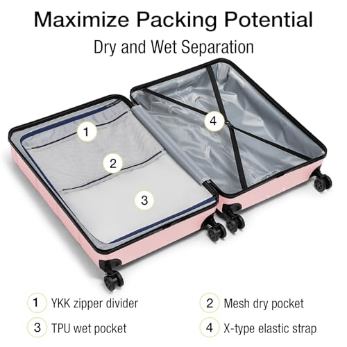 28 Inch Luggage with Wheels Hardshell Large Suitcase Lightweight Big Checked Luggage with TSA Lock Travel Rolling Suitcase for Women Men Pink (Light Pink / Checked-Large 28-Inch)