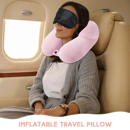 2 Pack Inflatable Travel Neck Pillow Airplane (Light Pink, Violet)