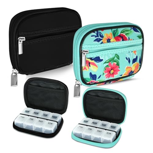 Weekly Travel Pill Organizer Cute Pill Case with 7 Day Pill Box (2 Cases + 2 Boxes / C. Black 01 + Green 01)