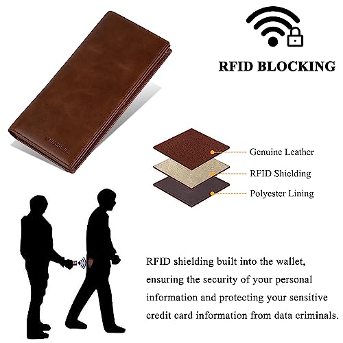 Leather Checkbook Cover Wallet for Men with RFID Blocking (Brown)