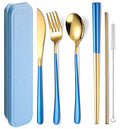 6 Pieces 18 8 Stainless Steel Flatware Set Portable Reusable Cutlery Set Travel Utensils Set Including Chopsticks Knife Fork Spoon Straws Cleaning Brush Dishwasher Safe (Blue golden)