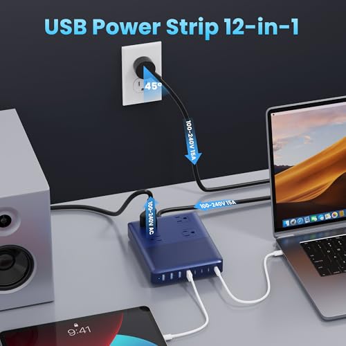 12-in-1 Charging Station USB C Power Strip with 5ft Cord and Plug,200W GaN IV USB C Charger Block,4 AC Outlets,8 USB for MacBook,iPhone 17/16,Fast Charging Desktop Charger for Office,Home Blue (A-Blue / 200W)