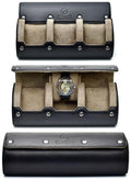 Watch Travel Case for Men Leather Watch Roll for Travel Organizer and Display 3 Watch Case Full (9x4x3 / Sable Black)