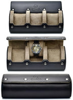 Watch Travel Case for Men Leather Watch Roll for Travel Organizer and Display 3 Watch Case Full (9x4x3 / Sable Black)