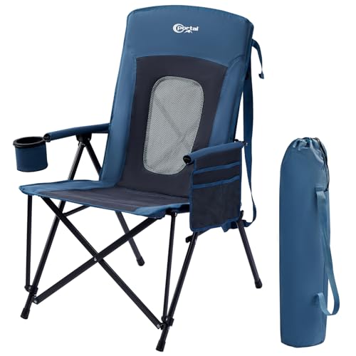 Oversized Folding High Back Portable Lawn Chairs for Adults Outdoor Camp Sports Hunting Fishing Backyard with Hard Armrest Cup Holder Carrying Strap (Blue / Mesh back)