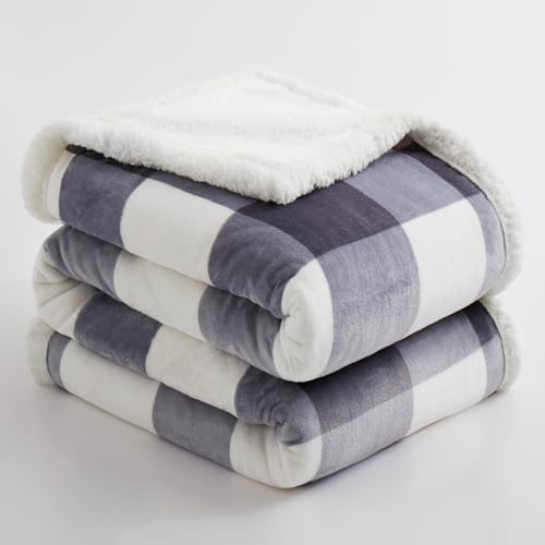 Sherpa Blanket Fleece Throw Blanket Full Queen Plaid Thick Bed Blanket (Grey Checkered / 80"*90")