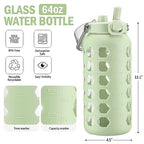 64oz Glass Water Bottle with Straw and Lid (Green / 64 Ounces)