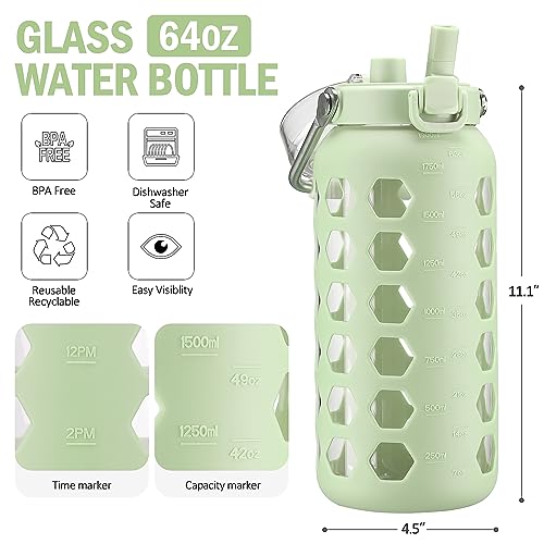 64oz Glass Water Bottle with Straw and Lid (Green / 64 Ounces)