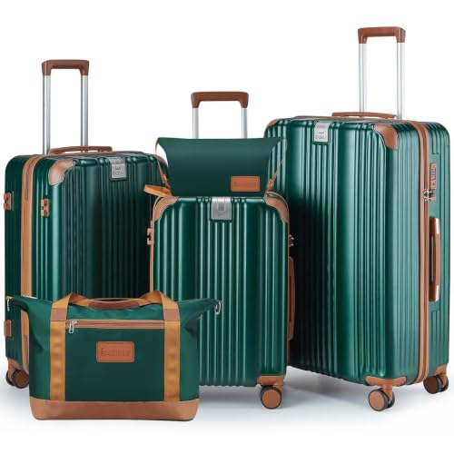 Luggage Set 3 Piece Luggage with PC+ABS Hardshell TSA Lock Spinner Wheels Carry on Lightweight Suitcase Cup Holder (Dark Green / 5 piece sets(20/24/28/DB/TB))