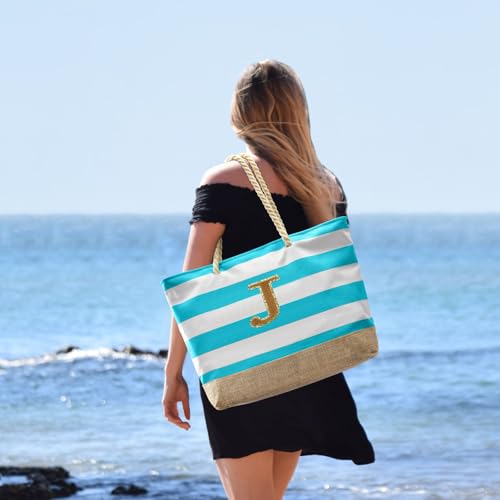 Beach Bag Initial Beach Tote with Makeup Bag for Travel Work Storage Personalized Birthday Gifts for Women Her (Cyan Blue 2 Pcs / J)