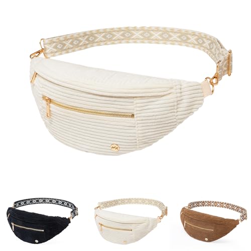 Beige Corduroy Crossbody Bag Women Vintage Boho Fanny Pack with Gold Zipper (Corduroy Beige / Large)