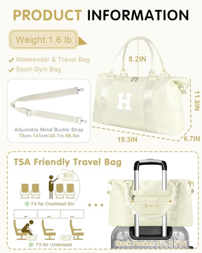 Initial Travel Duffel Bag Sports Gym Bag for Kids Teen Birthday Gifts (Beige / H)