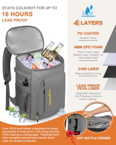 Cooler Backpack Insulated Leak Proof for Women Men Soft Cooler Bag (45 Cans / Leather Gray with Yellow)