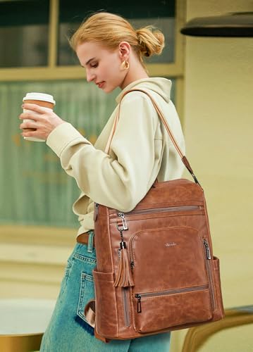 Vegan Leather Laptop Backpack for Women 15.6 inch Work Backpack Fashion Travel Backpack Purse for Business College (Crazy Horse Brown02)