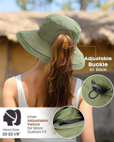 Sun Hats for Women Gardening Hat Wide Brim Ponytail Beach Sun Protection Breathable Cotton Summer Hat with Fold (Medium-Large / Green)
