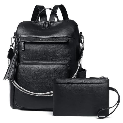 Vegan Leather Laptop Backpack for Women 15.6 inch Work Backpack Fashion Travel Backpack Purse for Travel College Work (2 Two-tone Black)