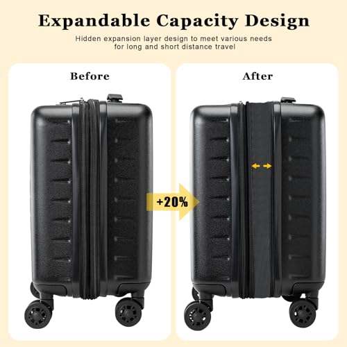 Expandable 16 Inch Carry On Luggage Airline Approved Small Suitcase (Black / 16 Inch EXT)