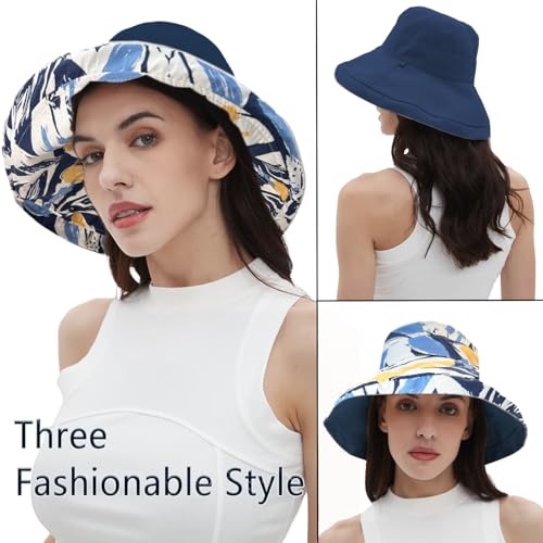 Womens Sun Hats Wide Brim Reversible Bucket Cotton Hat Packable Summer Travel Cap with Hat Clip (Medium / Navy Blue2)