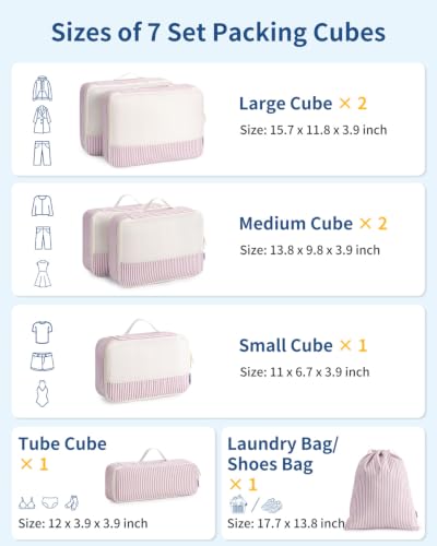 Packing Cubes for Travel (Dusty Pink Stripe / 7 Set)