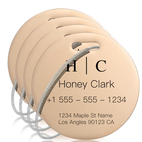 Stainless Luggage Tags for Suitcases 4 Pack (Steel Rose Gold Circle)