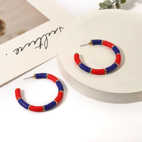 Game Day Earrings Football Baseball Earrings for Women Sports Team Heishi Hoop Earring Football Accessories Outfits Cheer Mom Essentials Fall Sports Must Haves Cheer Gifts (Red Blue)