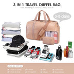 3PCS Faux Leather Weekender Bag for Women Men Travel Bag Overnight Bags (Pink)