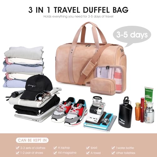 3PCS Faux Leather Weekender Bag for Women Men Travel Bag Overnight Bags (Pink)