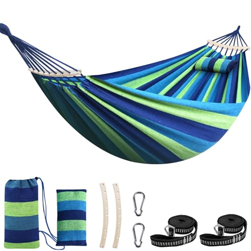 Cotton Hammock 8.9x4.9ft Holds Up to 660lbs Prevents Side (Blue/Green Stripes / 270x150cm)