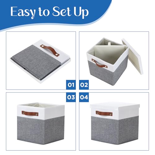 Foldable Fabric Storage Bins with Lids (10.5×10.5×10.5 / White&Grey)