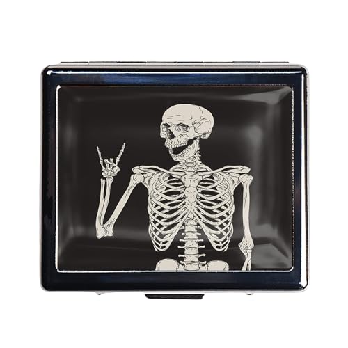 Silver Vintage Pill Box 7 Day Metal Pill Box with Mirror and 8 Compartments Cute Travel Pill Organizer for Purse (Rock and Roll Skull Skeleton)