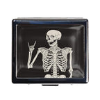 Silver Vintage Pill Box 7 Day Metal Pill Box with Mirror and 8 Compartments Cute Travel Pill Organizer for Purse (Rock and Roll Skull Skeleton)
