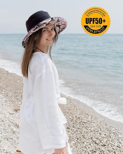 Womens Sun Hats Wide Brim Reversible Bucket Cotton Hat Packable Summer Travel Cap with Hat Clip (Medium / Black)