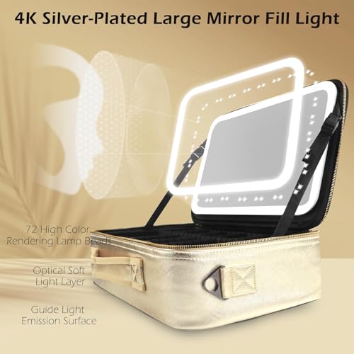 Large Makeup Train Case with Lighted and Mirror 14inch Partitionable Cosmetic Bag Travel Makeup Case Professional Cosmetic Artist Organizer (Golden / Large)