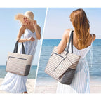 Beach Bag Waterproof Sandproof Large Capacity Foldable for Women (Brown Stripe / 35L)