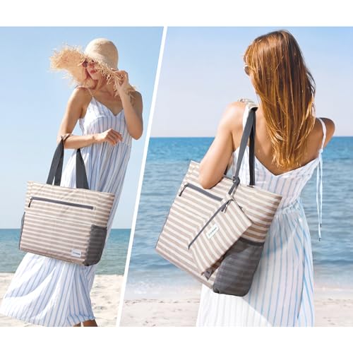 Beach Bag Waterproof Sandproof Large Capacity Foldable for Women (Brown Stripe / 35L)