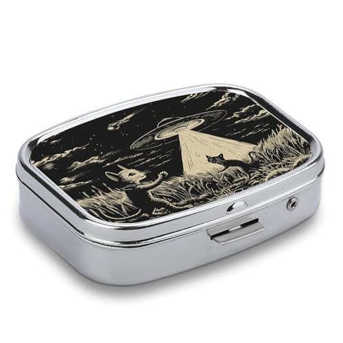 Metal 2 Compartment Pill Organizer Travel Friendly Portable Compact Pill Box Cute Pill Case to Hold Vitamins (Cats and Spaceships)